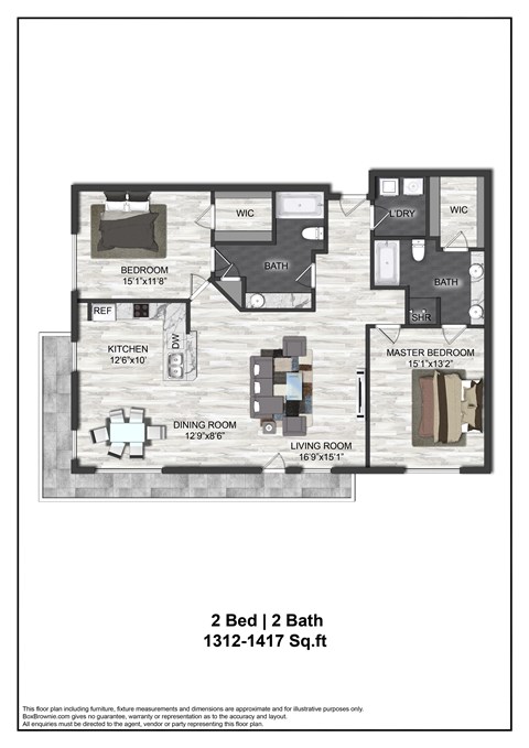 Floor plan for 2 beds, 2 baths, 1417 sqft